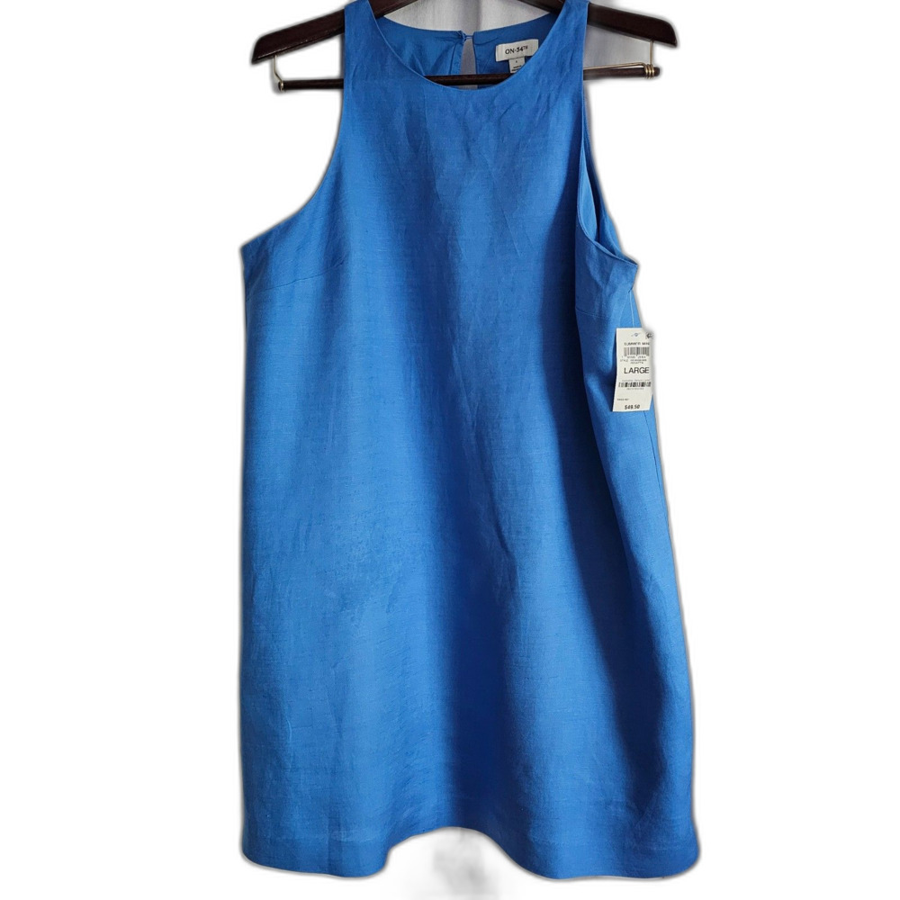 NWT ON 34th Blue Linen Dress Summer Mini Sleeveless w Cotton Lining sz L